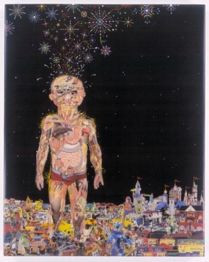 FRED TOMASELLI, Toytopia, 2003, mixed media, acrylic paint, resin on wood, 30 1/8 x 24 x 2 inches