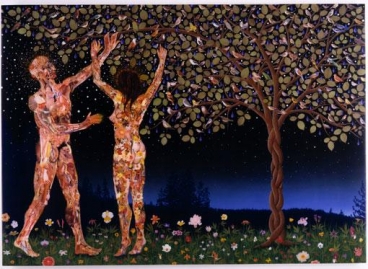 FRED TOMASELLI, Us and Them, 2003, photocollage, leaves, gouache, acrylic, resin on wood, 60 X 80 inches