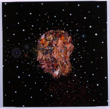 FRED TOMASELLI, Flying Severed Head, 2002, acrylic, photocollage, gouache and resin on wood panel, 24 x 24 inches