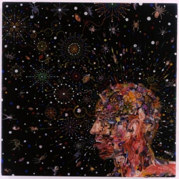 FRED TOMASELLI, Head Spreader, 2003, photocollage, gouache, acrylic, resin on wood panel, 24 X 24